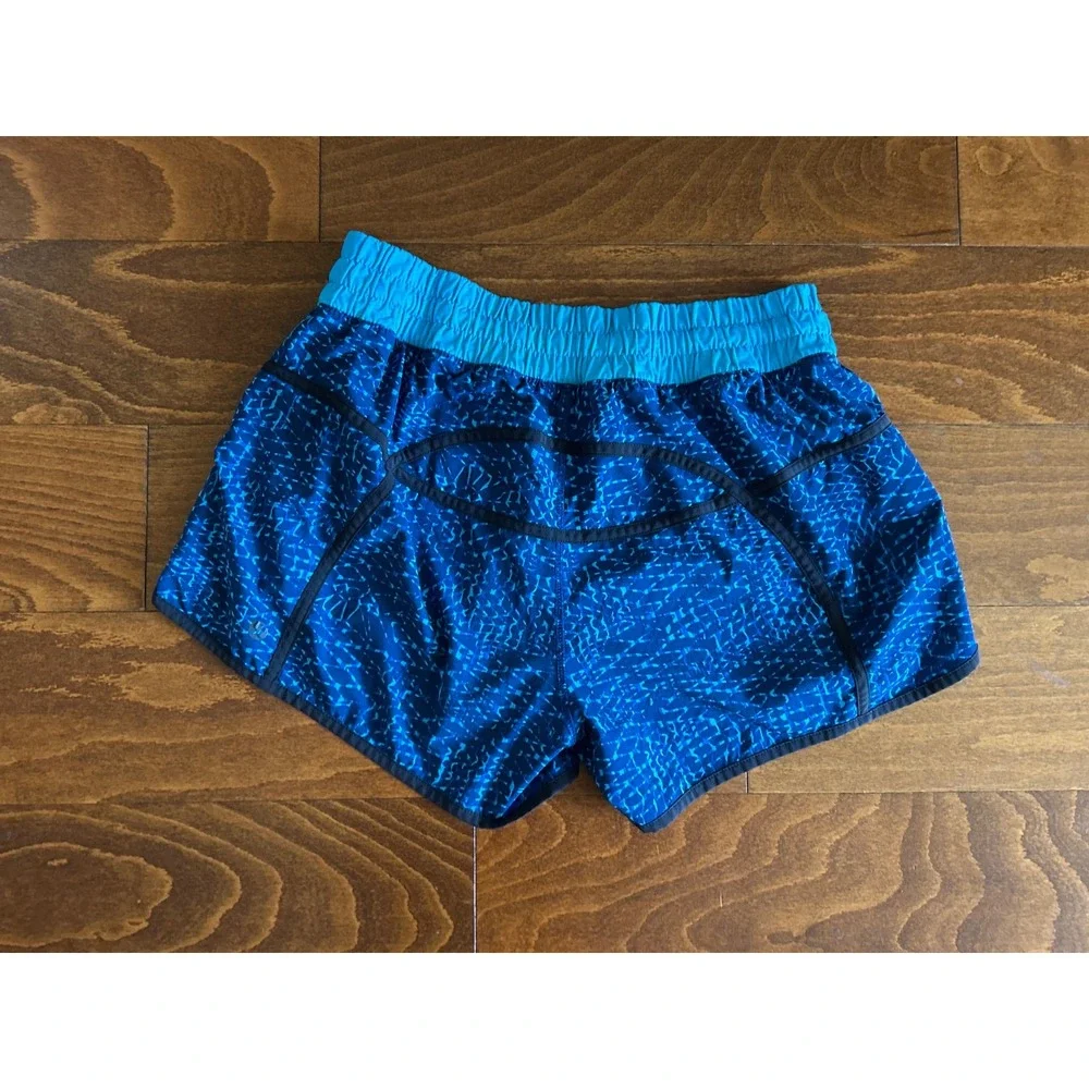 Lululemon Run Speed Shorts Blue Geometric Pattern Turquoise‎ Waistband Size 10